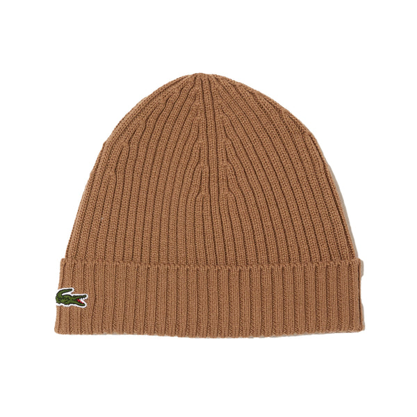 Lacoste Ribbed Knit Brushed Wool Beanie Hat Brown