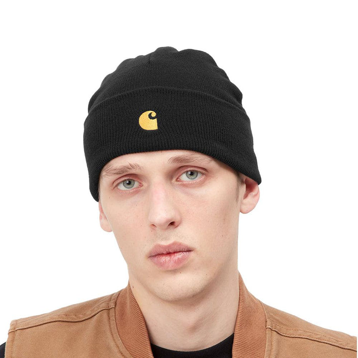 Carhartt WIP Chase Beanie Hat Black/Gold-One size-SPIRALSEVEN DESIGNER MENSWEAR UK