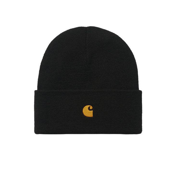 Carhartt WIP Chase Beanie Hat Black/Gold-One size-SPIRALSEVEN DESIGNER MENSWEAR UK