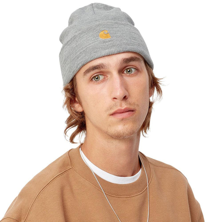 Carhartt WIP Chase Beanie Hat Grey Heather/Gold-One size-SPIRALSEVEN DESIGNER MENSWEAR UK