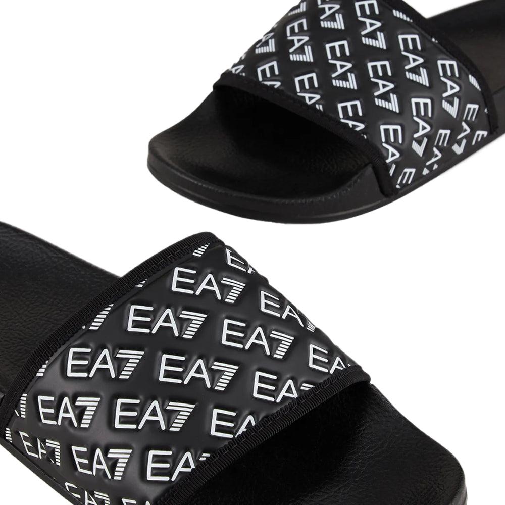 EA7 Emporio Armani All Over Logo Slides - Black/White-SPIRALSEVEN DESIGNER MENSWEAR UK