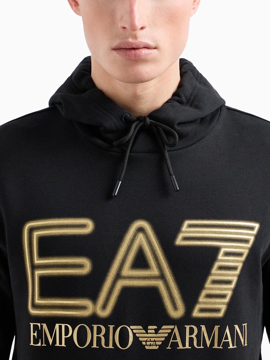 EA7 Emporio Armani Gold Logo Series Cotton Hoodie - Black-SPIRALSEVEN DESIGNER MENSWEAR UK