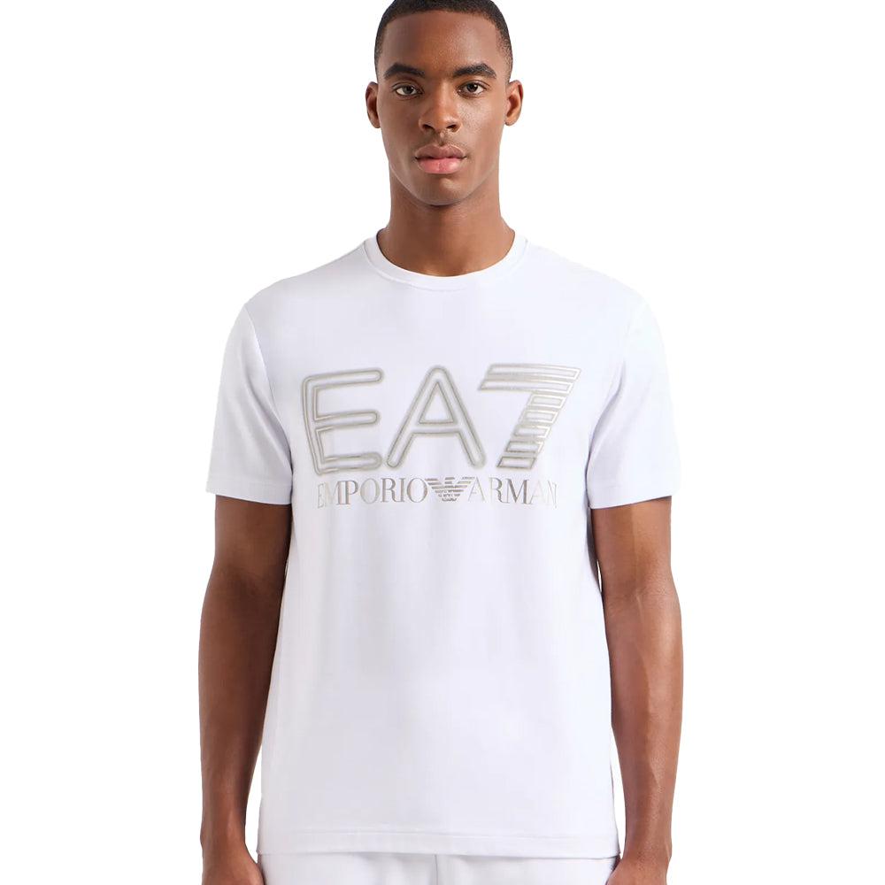 EA7 Emporio Armani Logo Series Silver Logo Crew T-Shirt - White-SPIRALSEVEN DESIGNER MENSWEAR UK