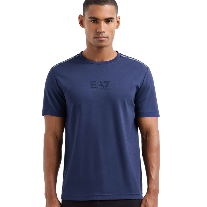 EA7 Emporio Armani Logo Series Stretch Viscose Blend T-Shirt Navy Blue-SPIRALSEVEN DESIGNER MENSWEAR UK