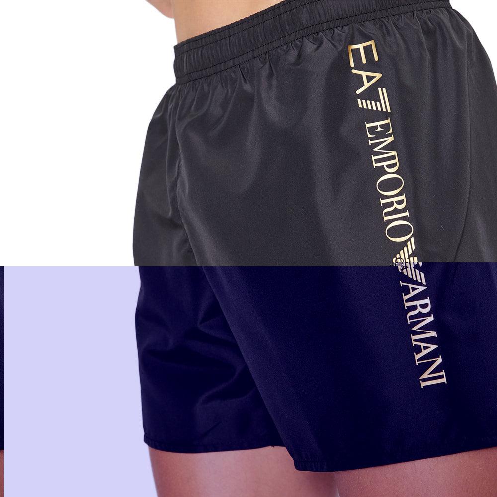 EA7 Emporio Armani Logo Swim Shorts - Black/Gold-SPIRALSEVEN DESIGNER MENSWEAR UK