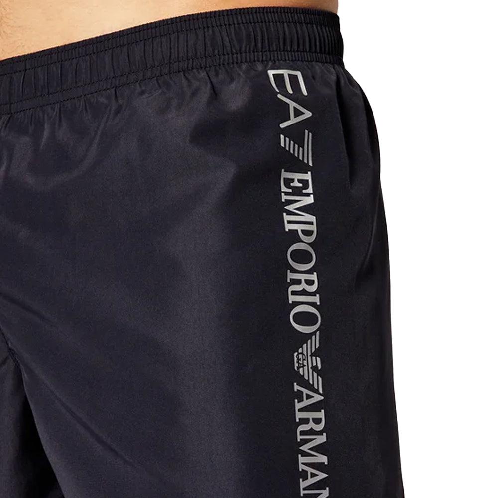 EA7 Emporio Armani Logo Swim Shorts - Black/Silver-SPIRALSEVEN DESIGNER MENSWEAR UK
