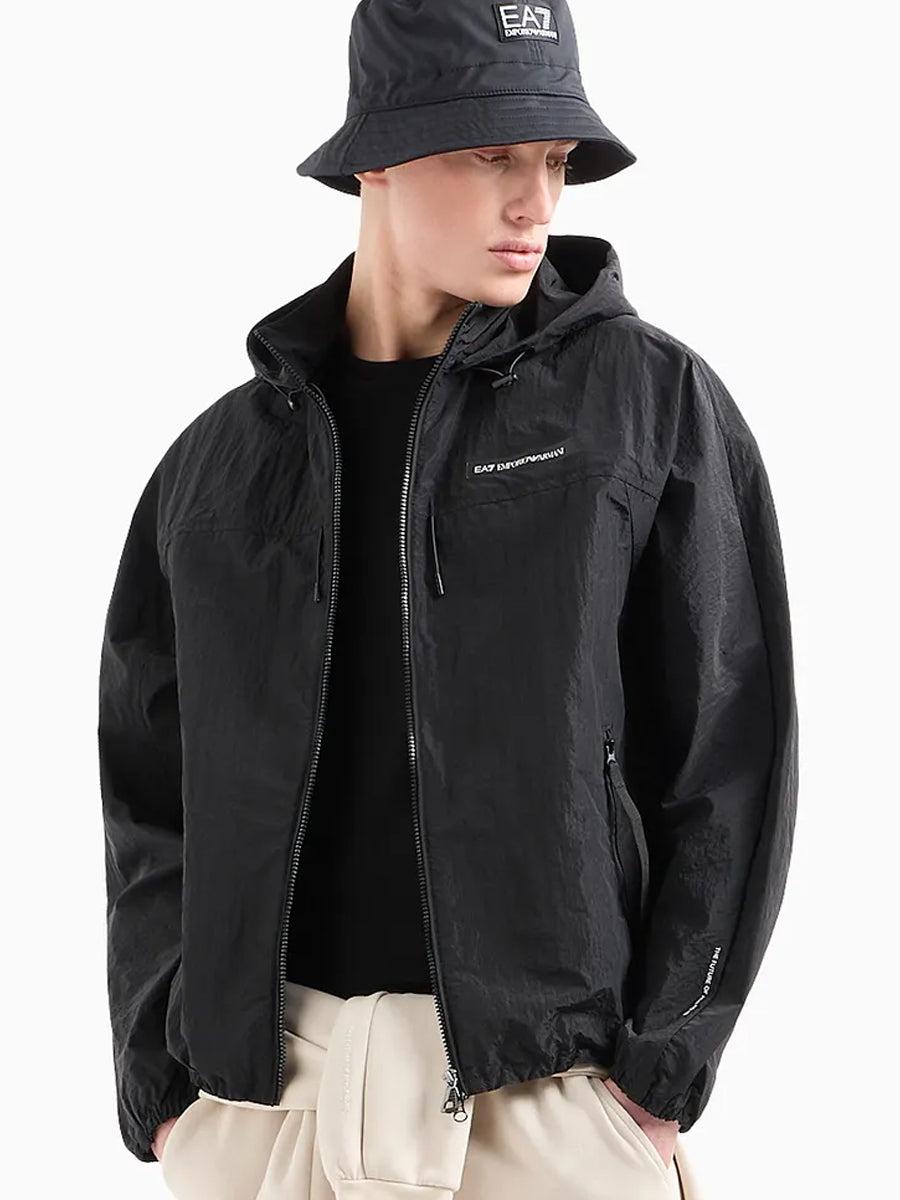 EA7 Emporio Armani Nylon Athletic Mix Hooded Jacket - Black-SPIRALSEVEN DESIGNER MENSWEAR UK