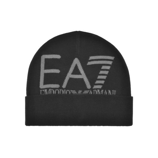 EA7 Emporio Armani Oversized Logo Beanie Hat Black/Volcanic Glass-SPIRALSEVEN DESIGNER MENSWEAR UK