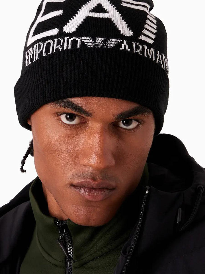 EA7 Emporio Armani Oversized Logo Beanie Hat Black/White-SPIRALSEVEN DESIGNER MENSWEAR UK