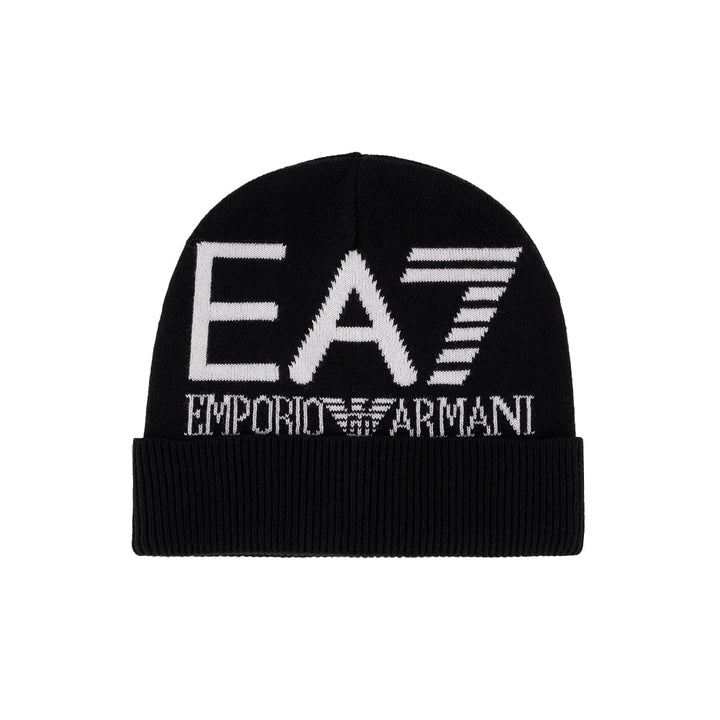 EA7 Emporio Armani Oversized Logo Beanie Hat Black/White-S-SPIRALSEVEN DESIGNER MENSWEAR UK