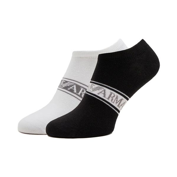 Emporio Armani 2 Pack Knitted Logo Trainer Socks - White/Black-SPIRALSEVEN DESIGNER MENSWEAR UK