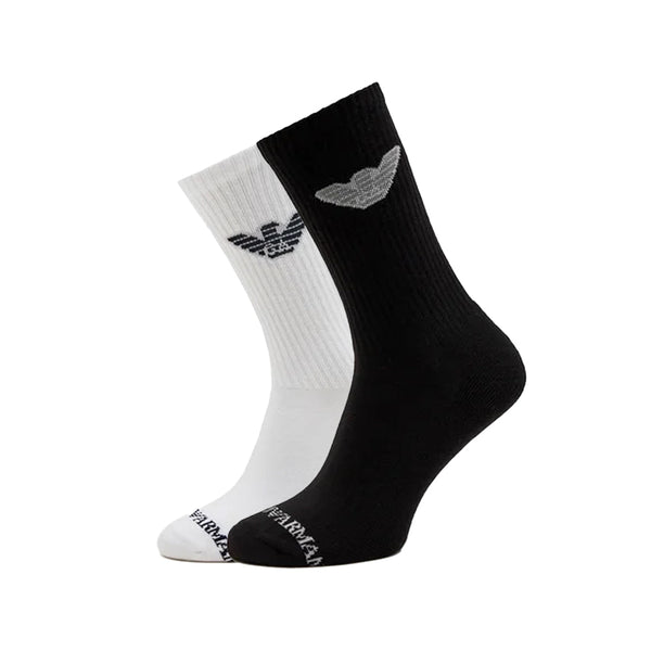 Emporio Armani 2 Pack Sports Logo Terry Socks - White/Black-One Size-SPIRALSEVEN DESIGNER MENSWEAR UK