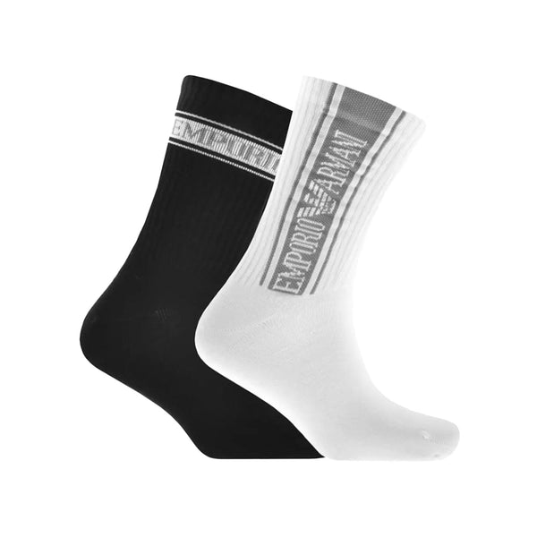 Emporio Armani 2 Pack Sports Tape Logo Socks - White/Black-One Size-SPIRALSEVEN DESIGNER MENSWEAR UK