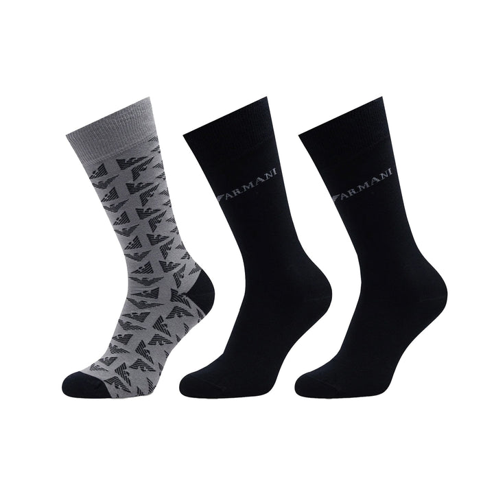 Emporio Armani Knitted 3 Pack Logo Socks Grey/Black-One size-SPIRALSEVEN DESIGNER MENSWEAR UK