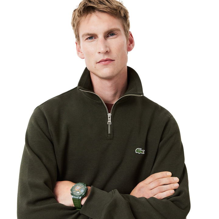 Lacoste Quarter Zip High Neck Interlock Sweatshirt Dark Khaki Green-SPIRALSEVEN DESIGNER MENSWEAR UK