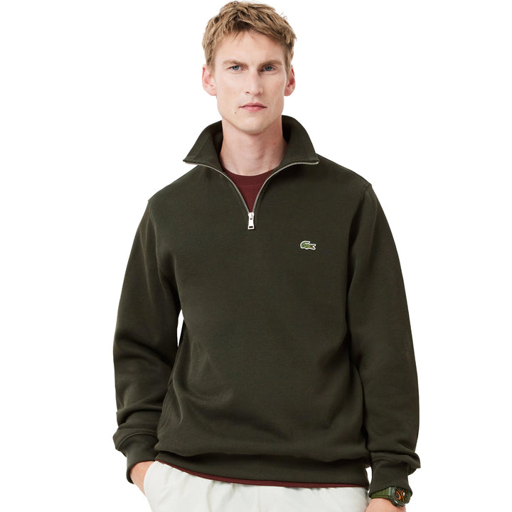 Lacoste Quarter Zip High Neck Interlock Sweatshirt Dark Khaki Green-SPIRALSEVEN DESIGNER MENSWEAR UK