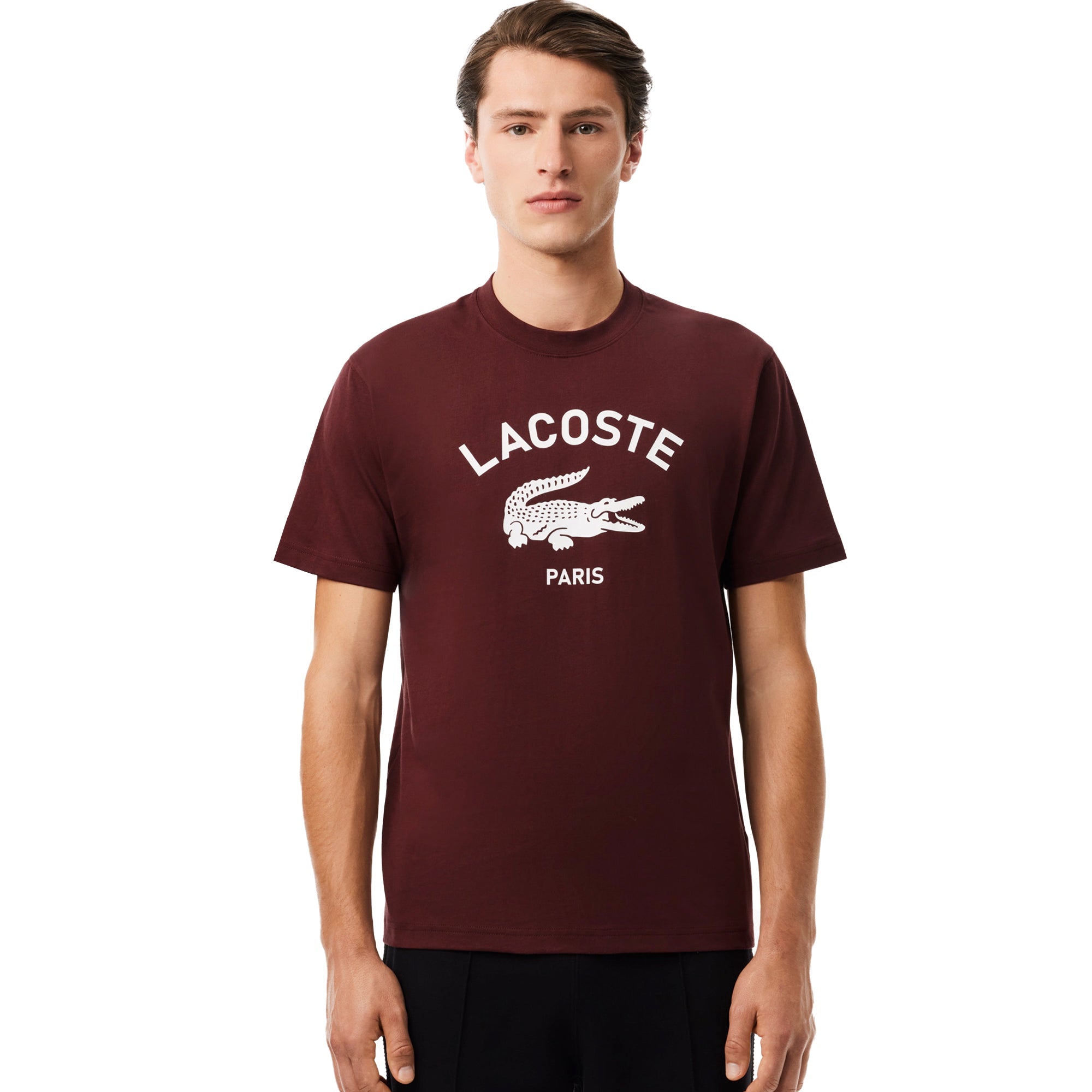 Lacoste Signature Print Cotton T Shirt Bordeaux Spiral Seven