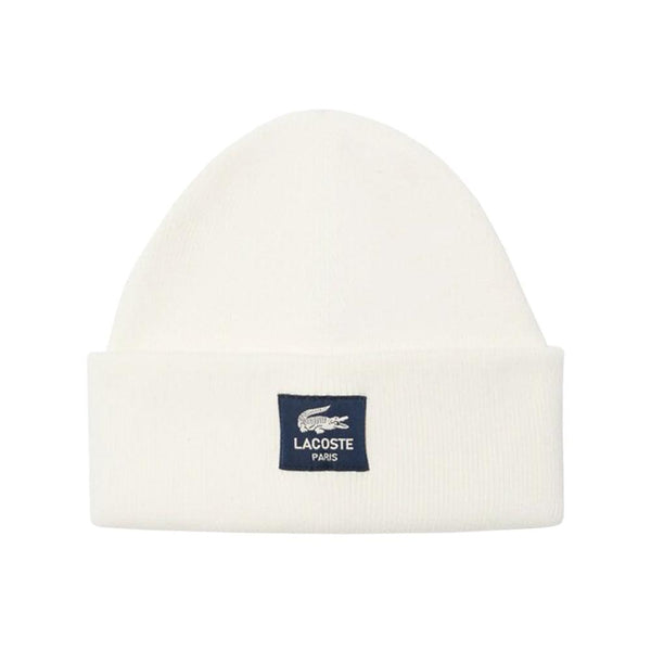 Lacoste Ribbed Cotton Badge Beanie Hat White Flour