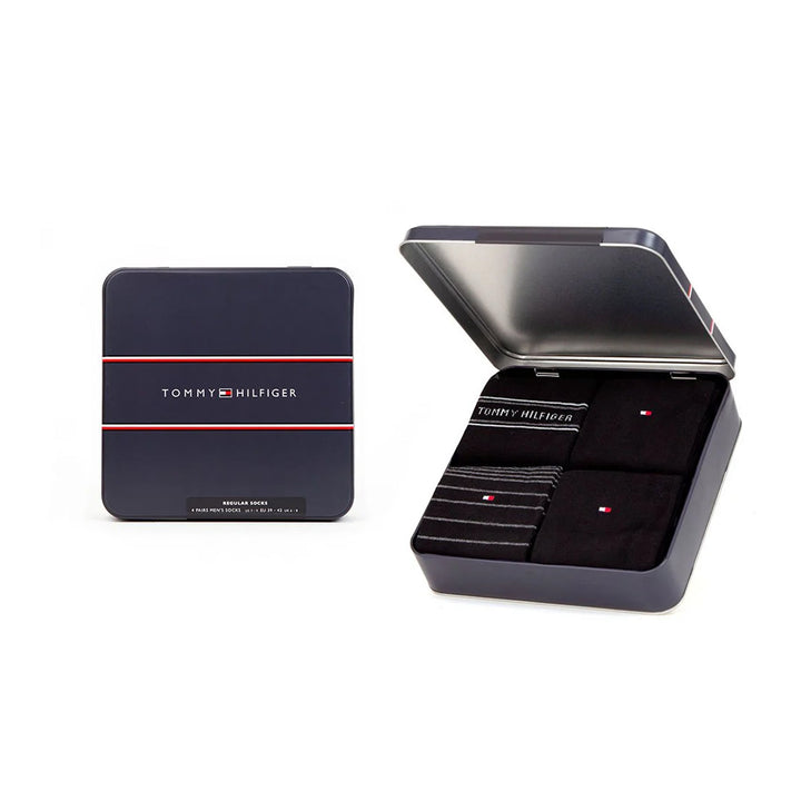 Tommy Hilfiger Four Pack Socks Gift Tin Set Black-SPIRALSEVEN DESIGNER MENSWEAR UK